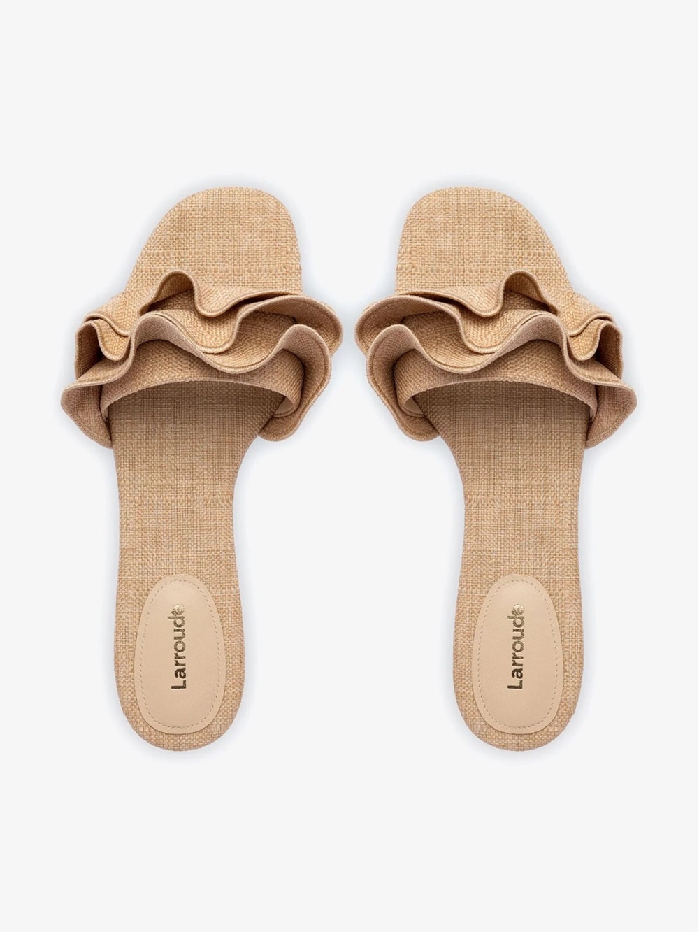 Larroudé Ivy Ruffle Flat Mule In Beige Raffia size 7.5